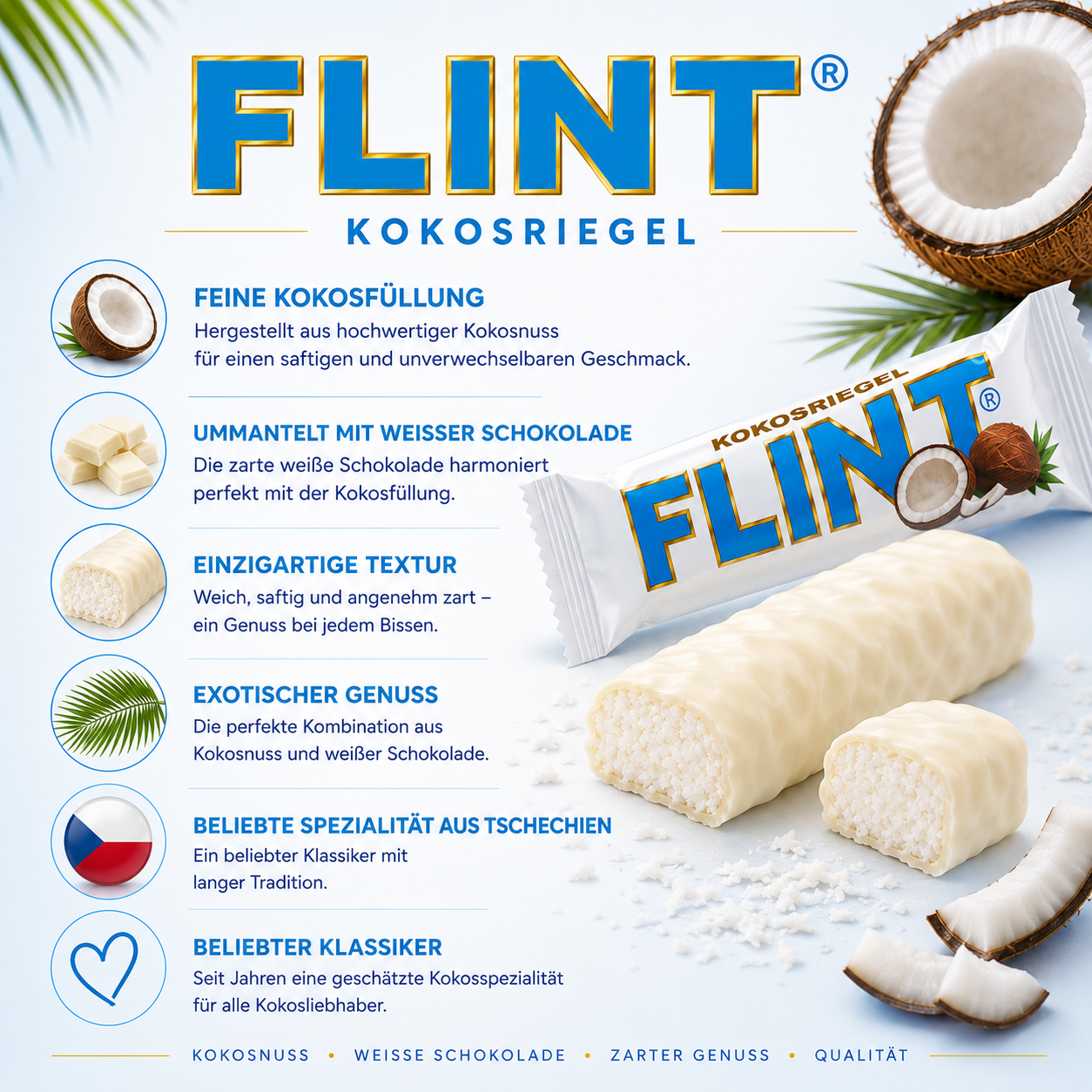 Flint Kokos – Saftiger Kokosriegel mit weißer Glasur 🥥🤍🇨🇿