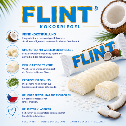 Flint Kokos – Saftiger Kokosriegel mit weißer Glasur 🥥🤍🇨🇿