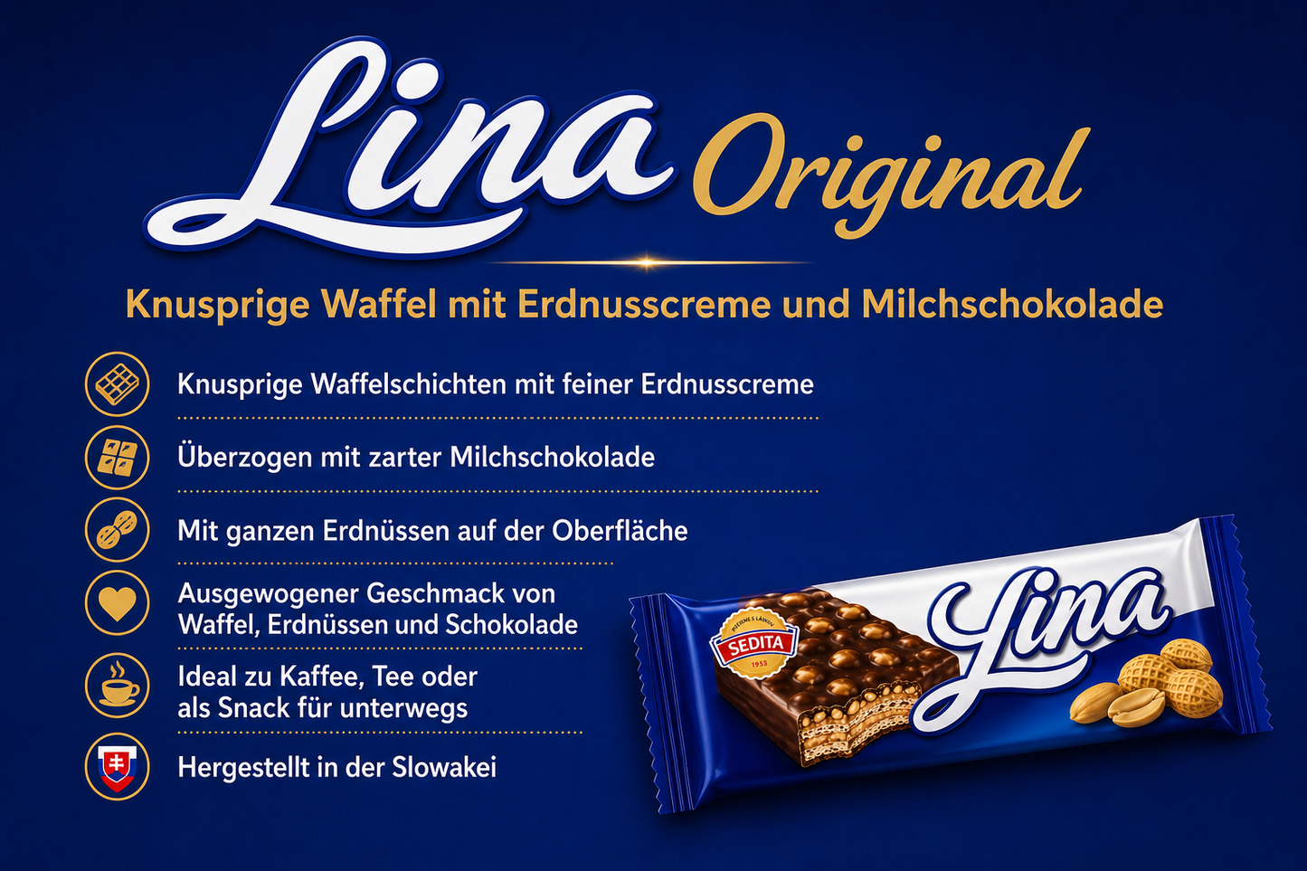 Lina – Knusprige Waffeln mit Erdnusscreme, ganzen Erdnüssen und Milchschokolade 🥜🍫🇸🇰