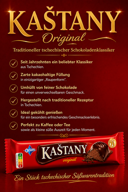 Ledové Kaštany – Zarte Kakao-Haselnuss-Füllung in feiner Zartbitterschokolade