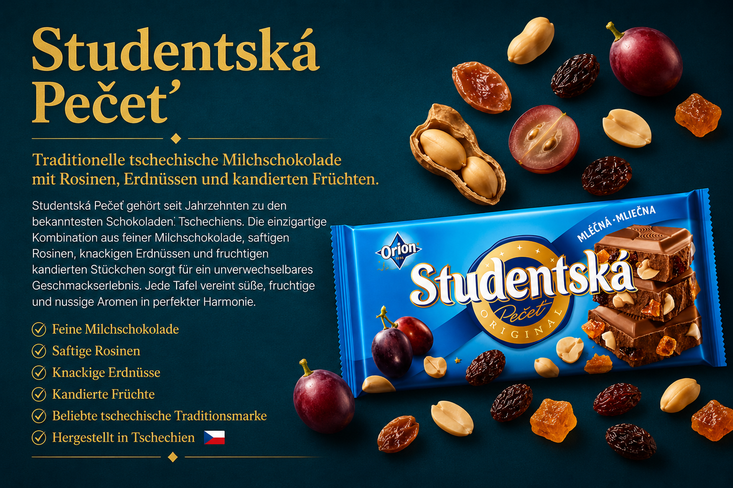 Studentská Pečeť – Milchschokolade mit Erdnüssen, Rosinen und Fruchtgelee 🍫🥜🍇🇨🇿