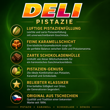 DELI Pistazie – Riegel mit Pistaziengeschmack, Karamell und Zartbitterschokolade